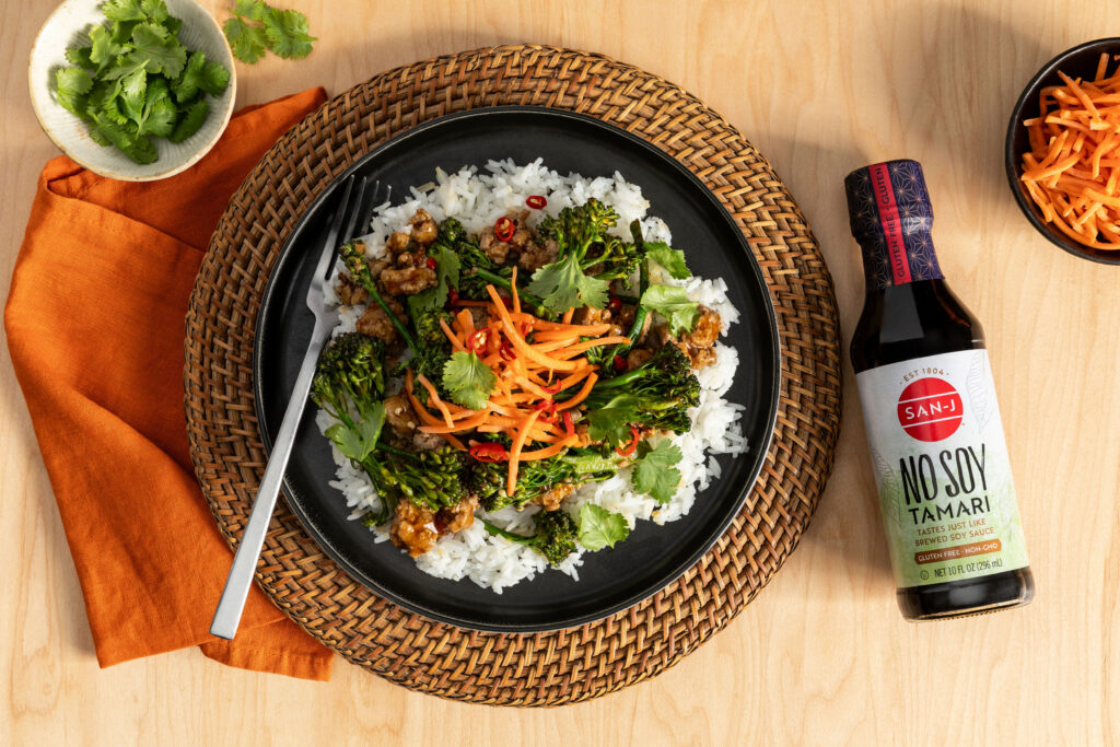No Soy Tamari Stir-Fried Minced Pork and Broccolini - San-J