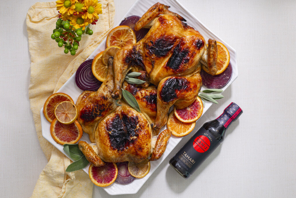 Gluten-Free Tamari Maple Spatchcock Chickens - San-J