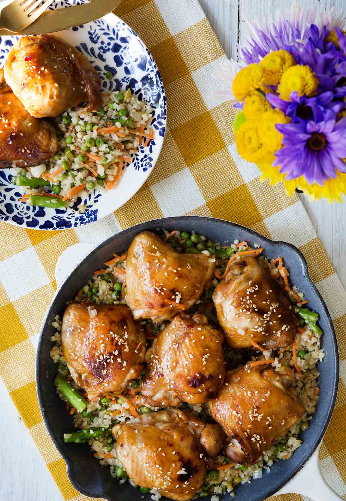 Asian Chicken Thighs with Spring Vegetable Cauliflower Rice