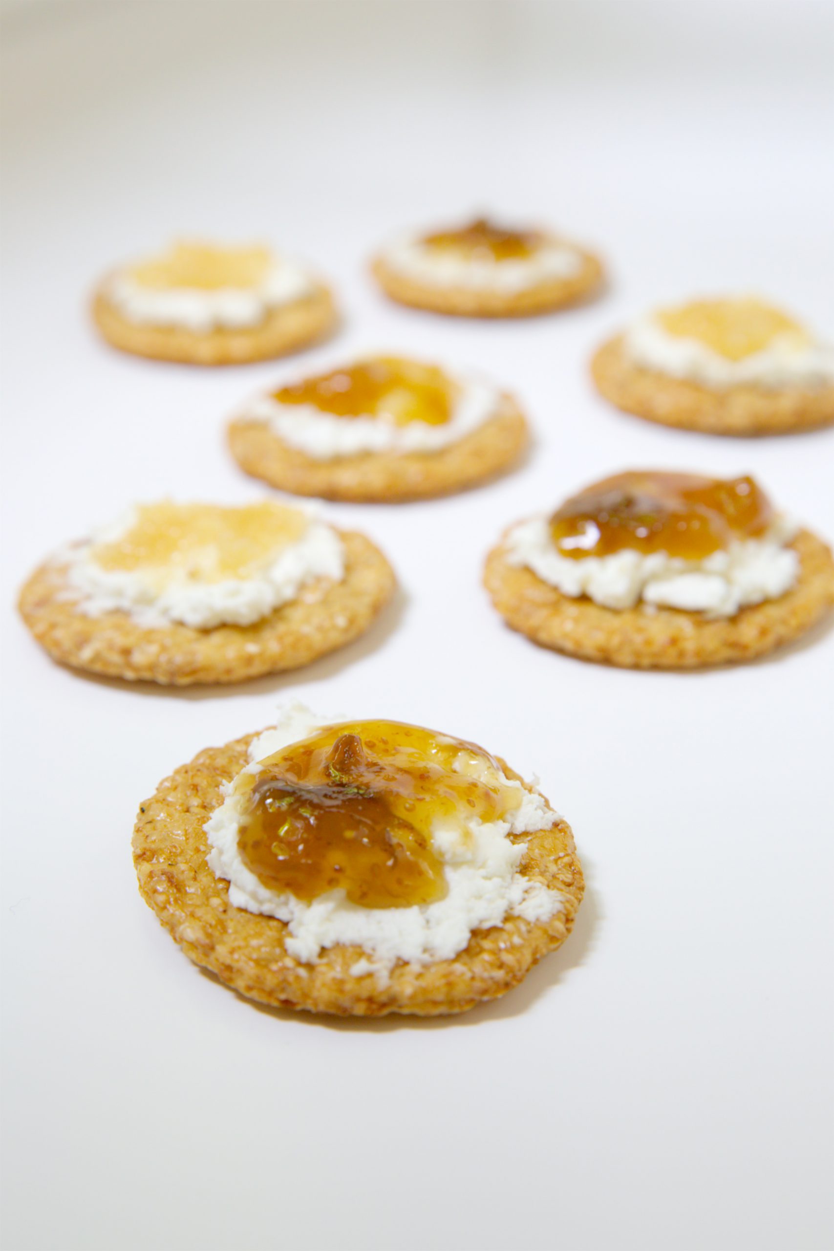 San-J Brown Rice Cracker with cream cheese and fruit spread