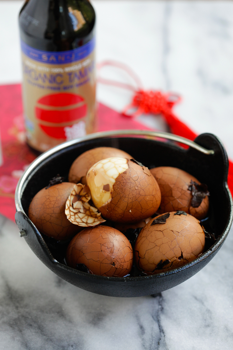 Chinese Tea Leaf Eggs for Chinese New Year. Made with San-J Organic Tamari Soy Sauce.