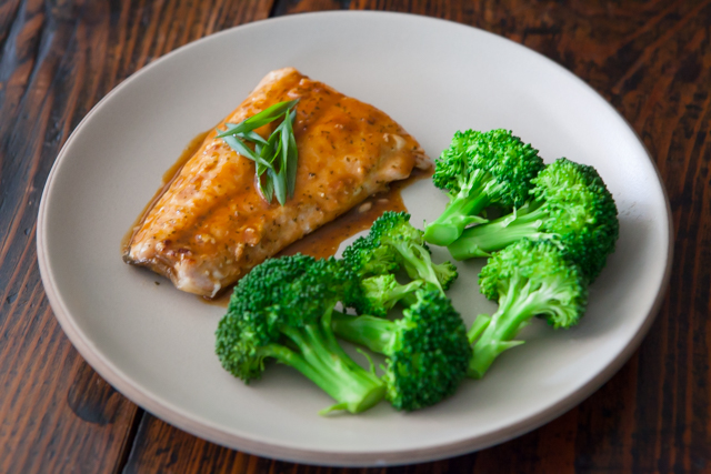 Salmon with Thai-Peanut Sauce and Steamed Broccoli