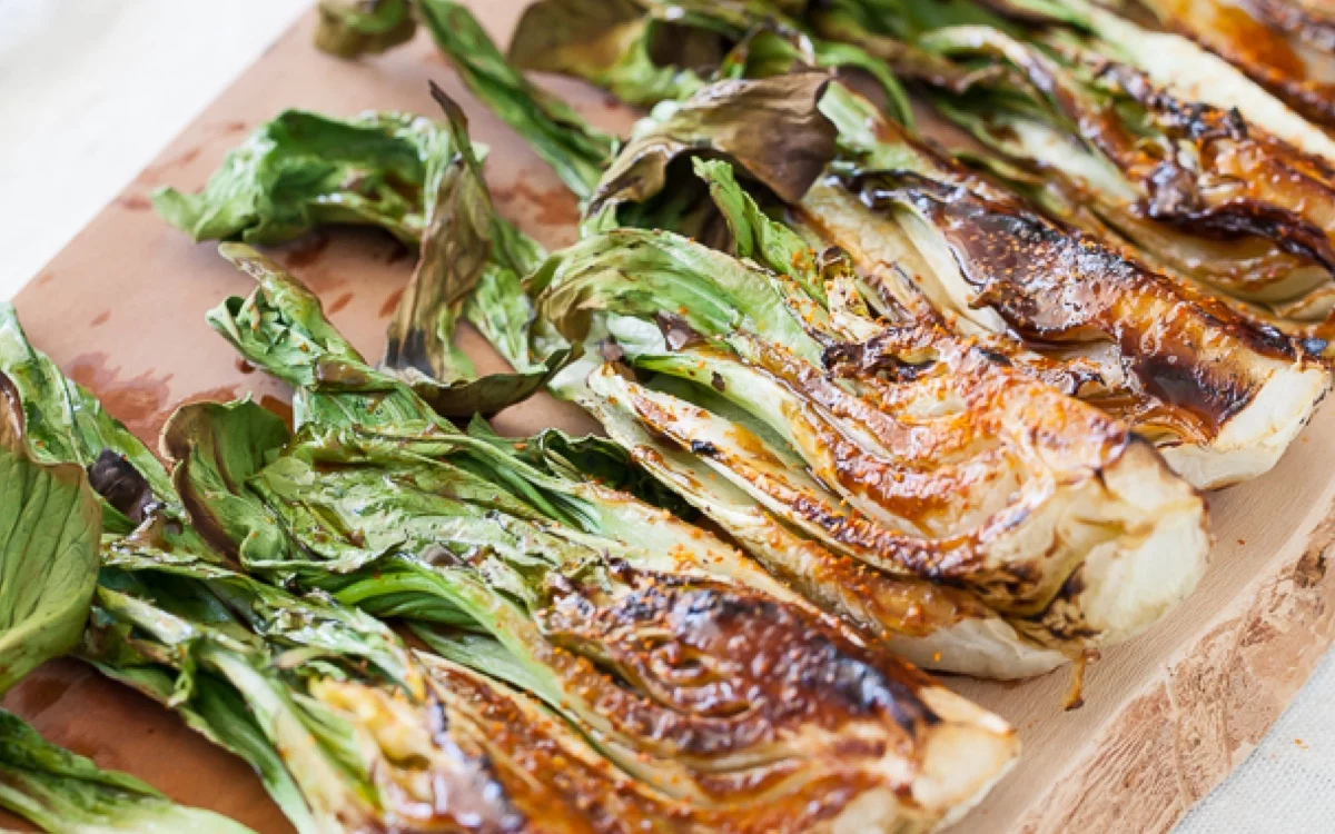 Grilled Cabbage leaves covered in San-J Soy Sauce