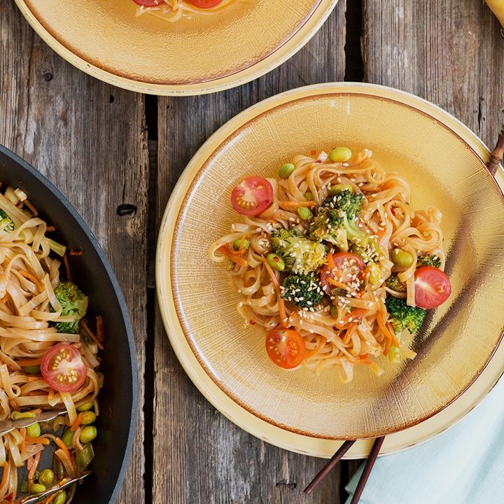 Thai Noodles and Vegetables in a Bowl 