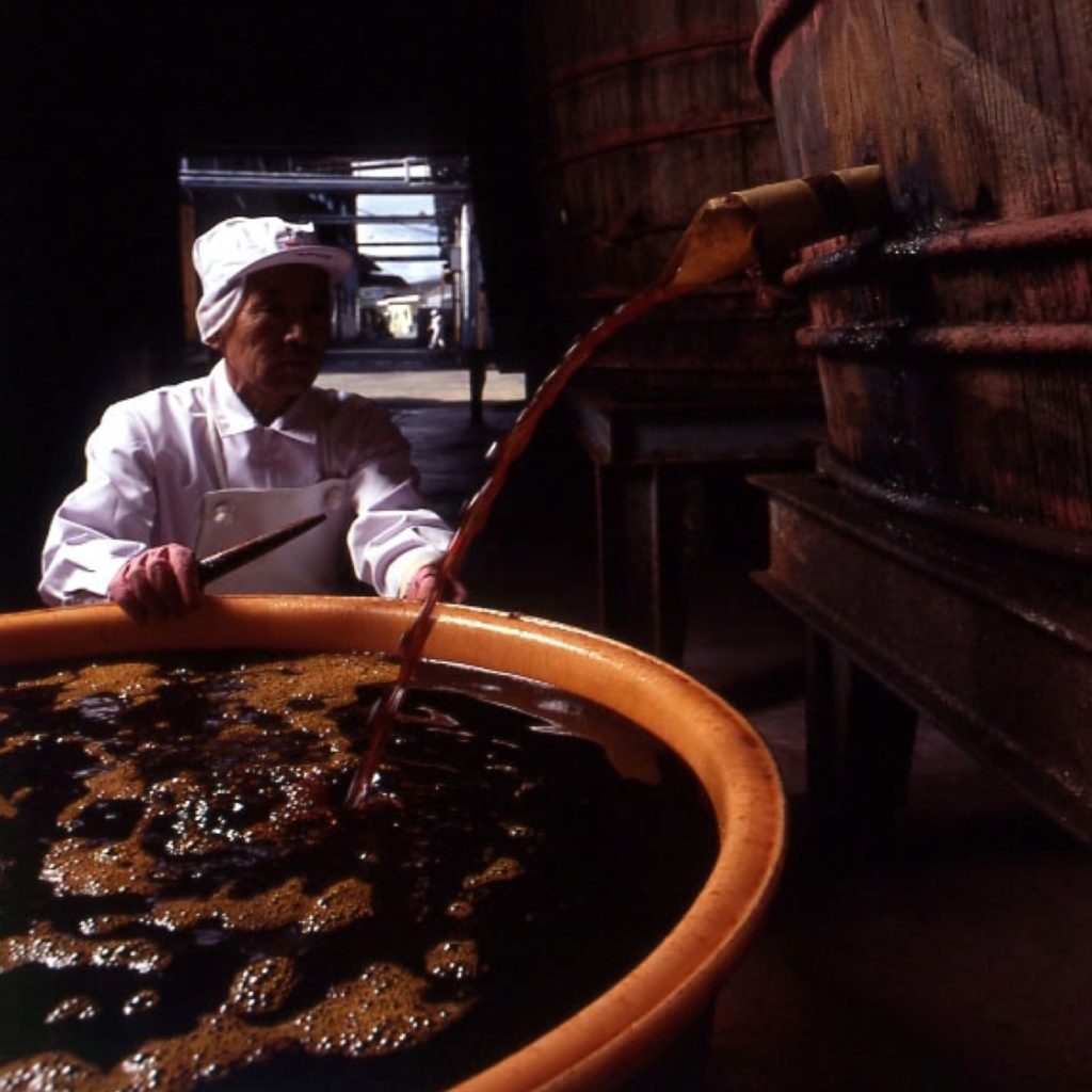 San-J Soy Sauce being poured from a barrel