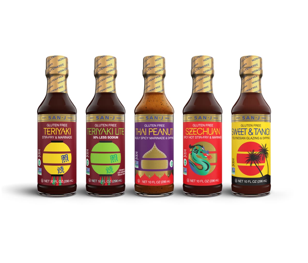 A line of San-J Gluten Free Asian Cooking Soy Sauce