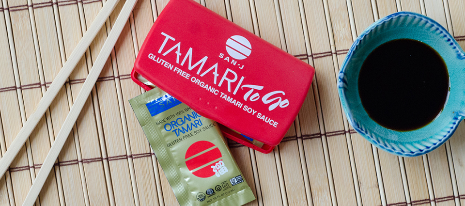 A box of Tamari to go organic soy sauce by San-J