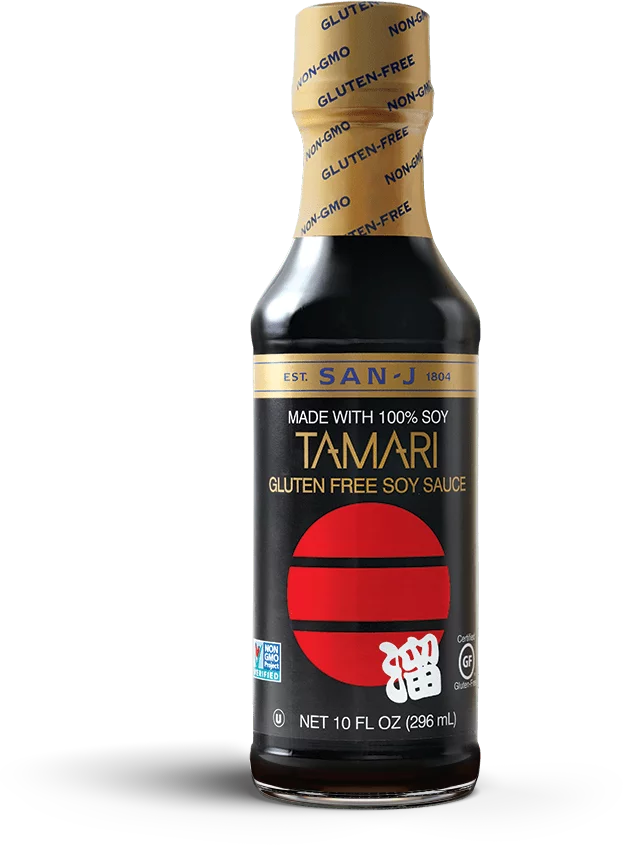 A bottle of Tamari Black Legacy San-J Soy Sauce old label
