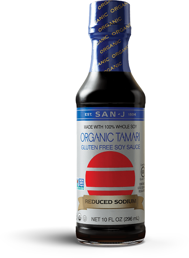 A bottle of Organic Tamari  San-J Soy Sauce with Reduced sodium old label