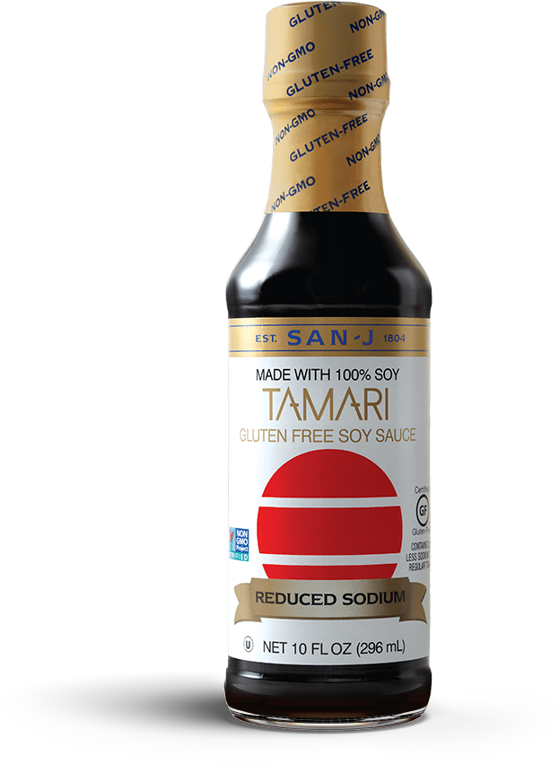A bottle of Tamari Gluten Free San-J Soy Sauce old label