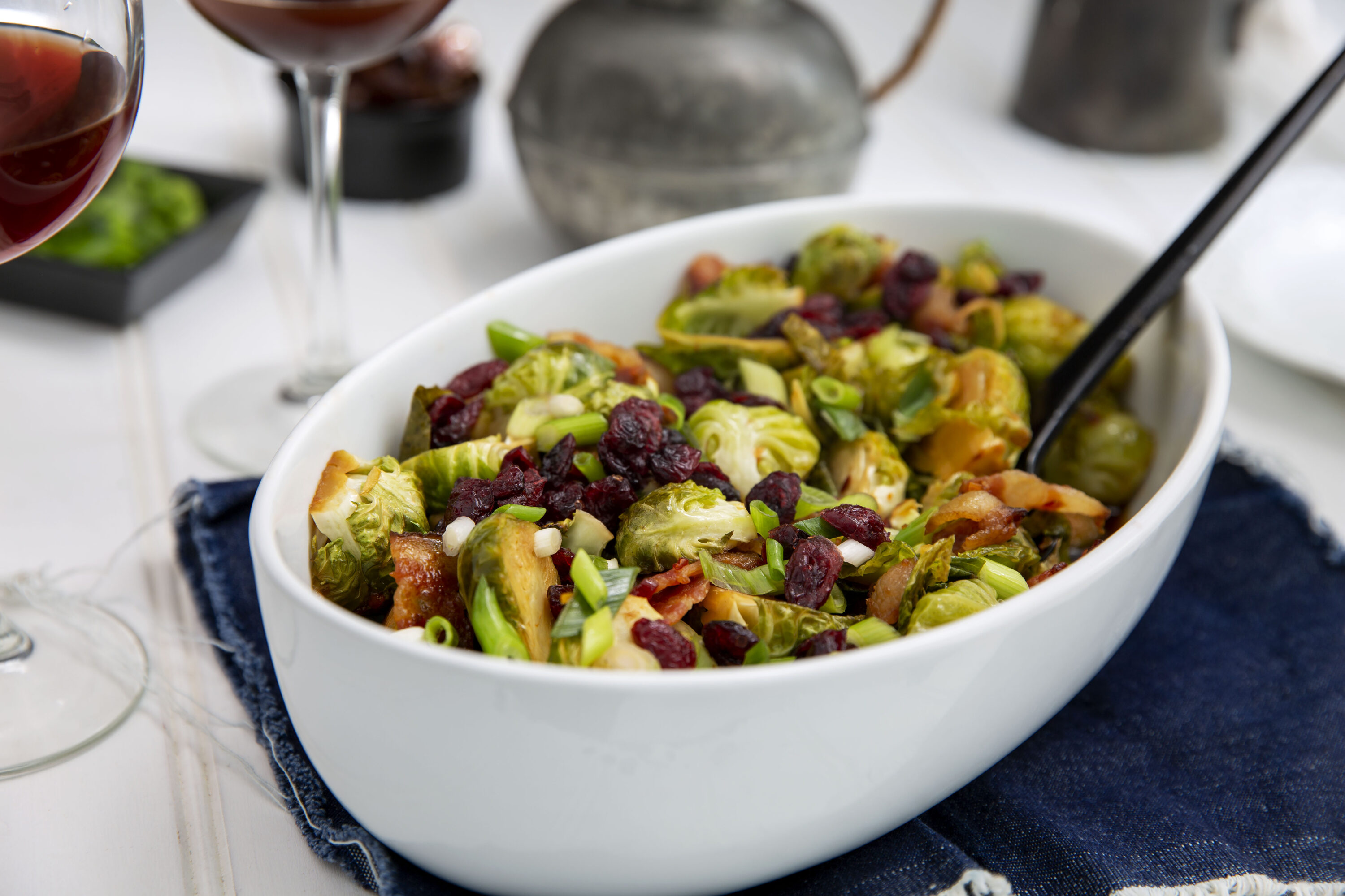 Soy Glazed Brussels Sprouts with Bacon & Cranberries SanJ